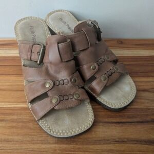 Hush Puppies Havana Slide Sandals 7 EW Wide Brown Leather Buckle Slip On Women's